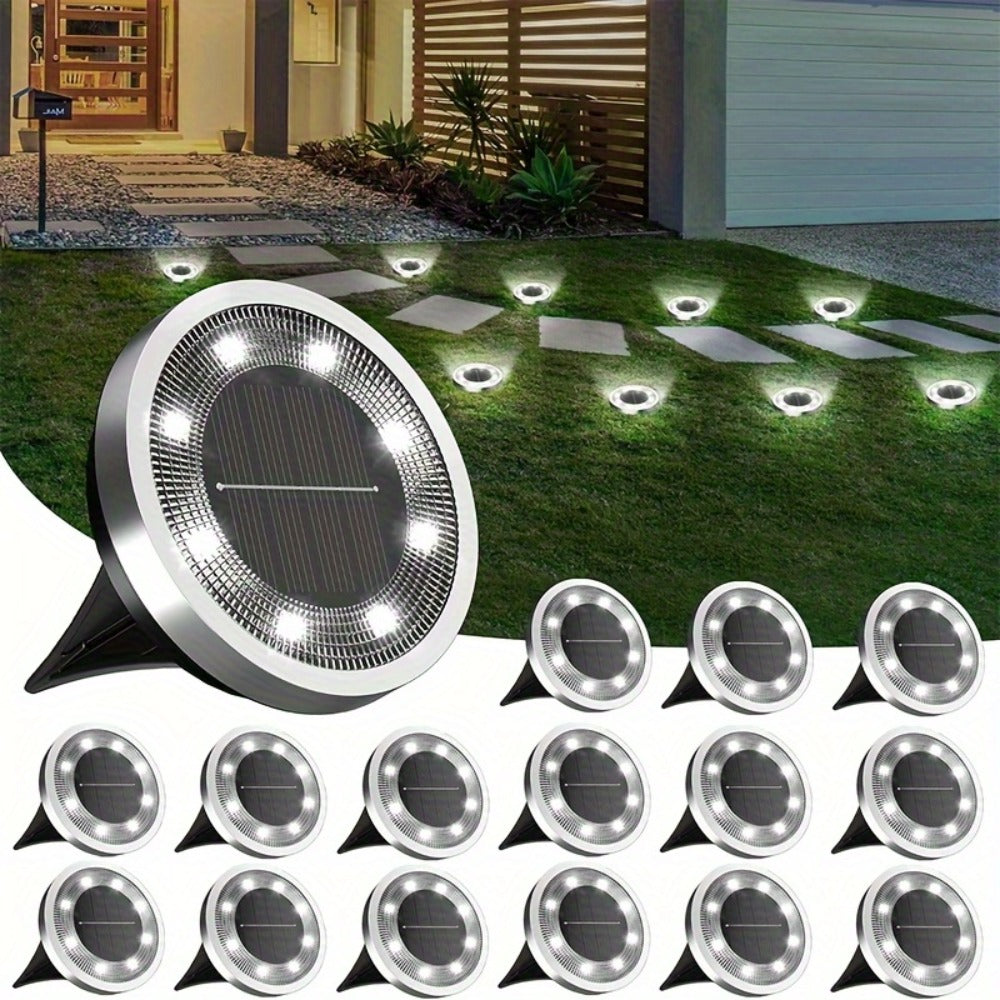 Solar Garden Light Ground Discs 8-Pack with 8 LEDs Each, Touch Dimming and Warm or Cool White Options