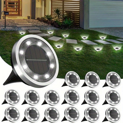Solar Garden Light Ground Discs 8-Pack with 8 LEDs Each, Touch Dimming and Warm or Cool White Options