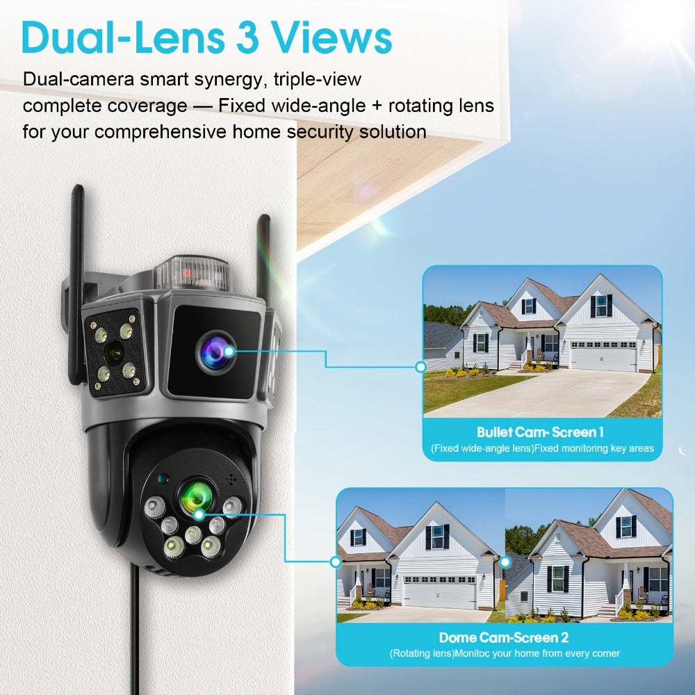 Security Camera Dual-Lens Three-Scene Model with 355 Pan-Tilt, Color Night Vision and SD Support to 256GB