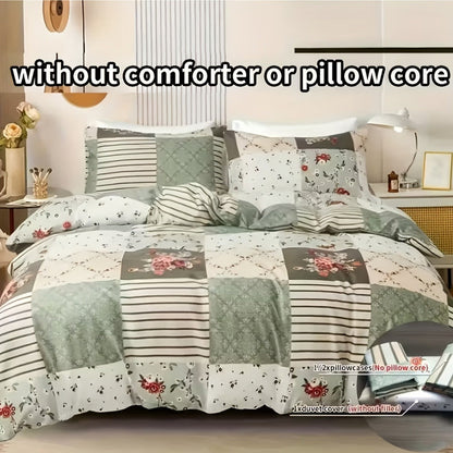 3-Piece Duvet Cover Set with Floral Patchwork Print in Blue, Green or Pink and Four Size Options