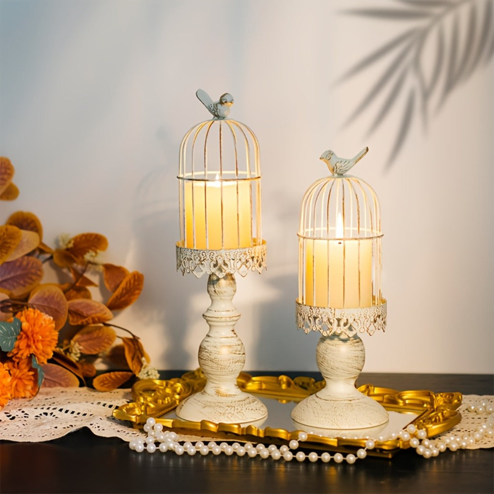 Birdcage Candle Holder Set of Two with Metal Pedestal Bases, Bird Finials, 30cm and 38cm Heights in Black or White