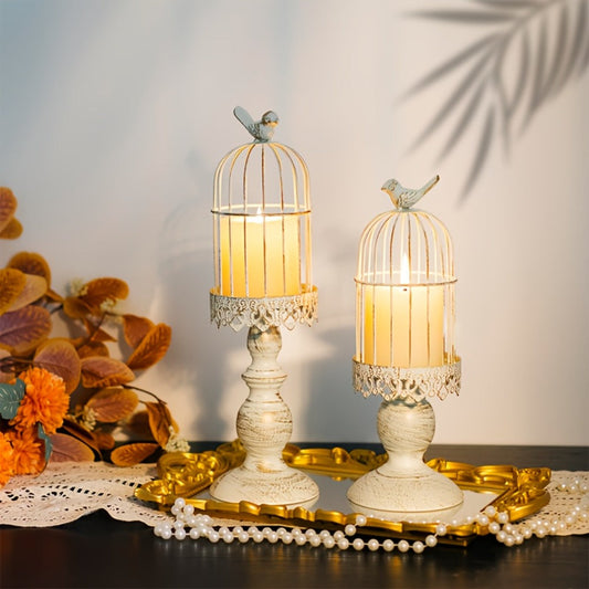Birdcage Candle Holders Set of 2, Vintage Metal Candlestick Holders with Polished Finish — Wedding Table Centerpieces, Home Decor & Christmas Decoration | Black & White