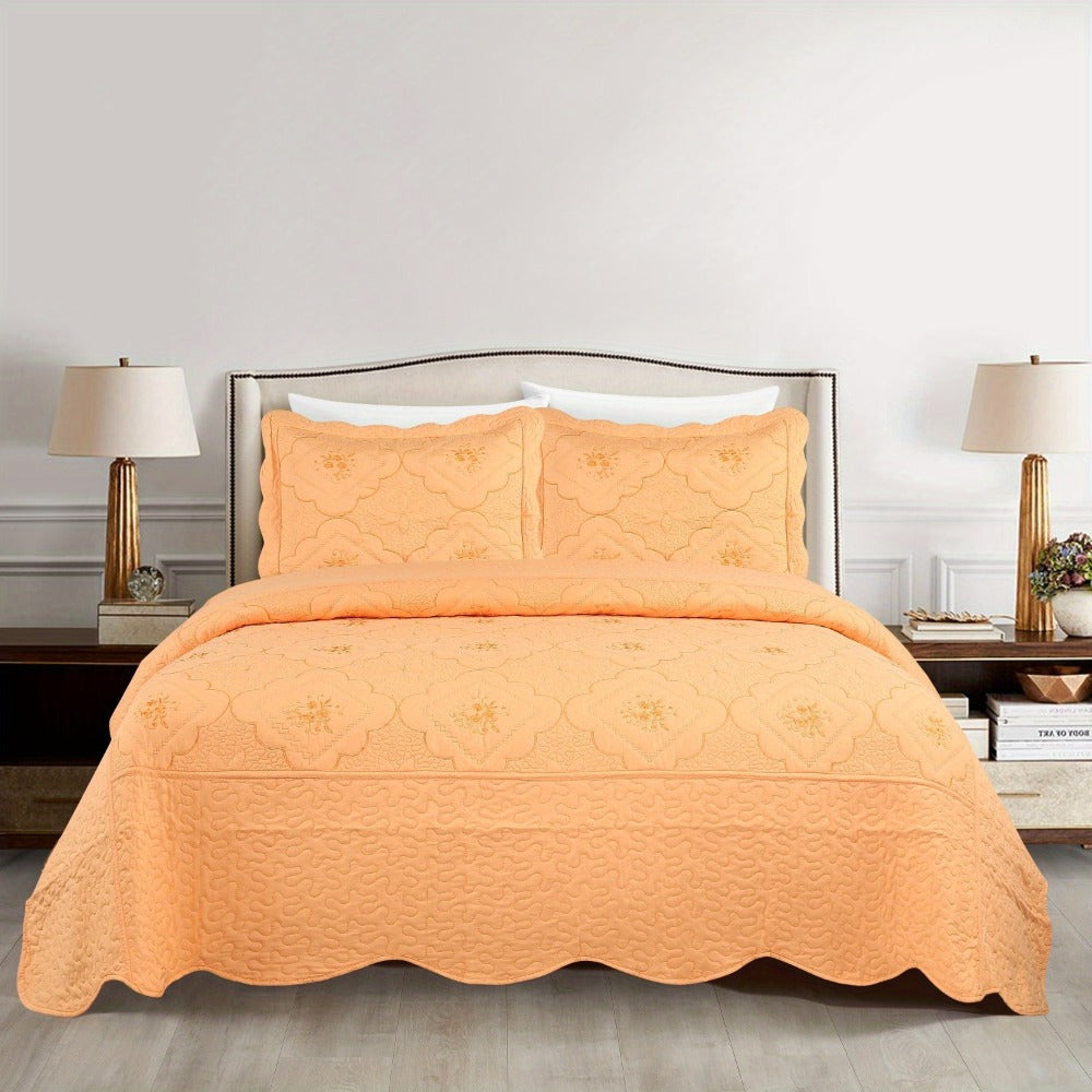 Quilt Set 3 Piece Floral Embroidery Bedspread - 100% Polyester Wrinkle Resistant Lightweight Quilted Coverlet with 2 Pillow Shams for Full Queen King Bed, Elegant Bedroom Decor in 19 Colors