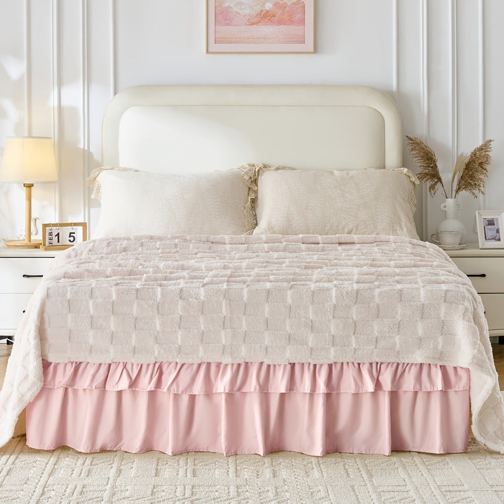 Double Ruffle Bed Skirt 16" Drop | Elastic Wrap Around Dust Ruffle for Twin Full Queen King Bed | Easy Install Machine Washable Soft Linen Poly Blend Bedskirt
