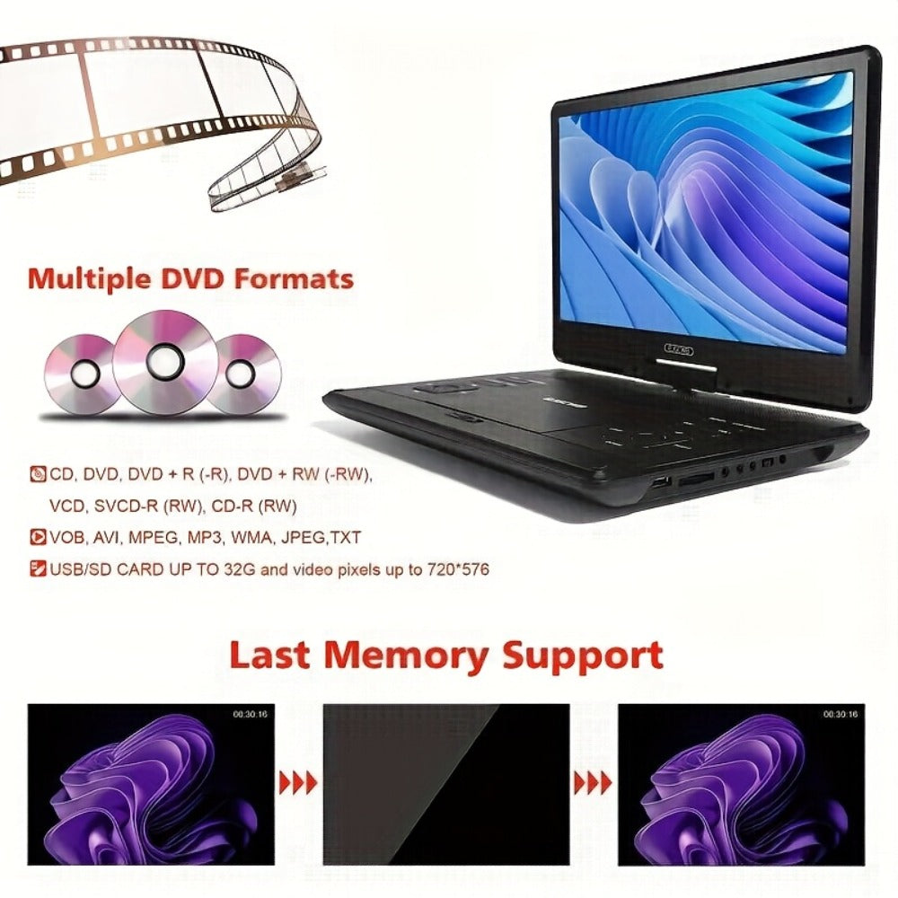 Portable DVD Player 14.1 Inch HD Screen, AV IN/OUT Sync TV & Projector, 270° Rotating Screen, Region Free, USB SD Card, Remote Control, 6-Hour Battery, Dual Speakers for Car Home Travel