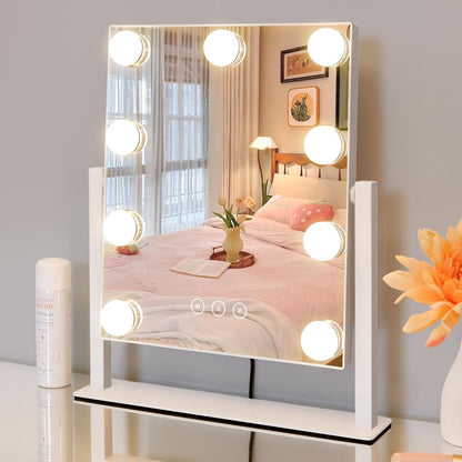Lighted Makeup Mirror 5X Magnifying 9 LED Hollywood Vanity Mirror - 3 Color Lighting Modes, 360° Rotating, USB Powered Touch Control Tabletop Makeup Mirror for Women Desk Bedroom Gift