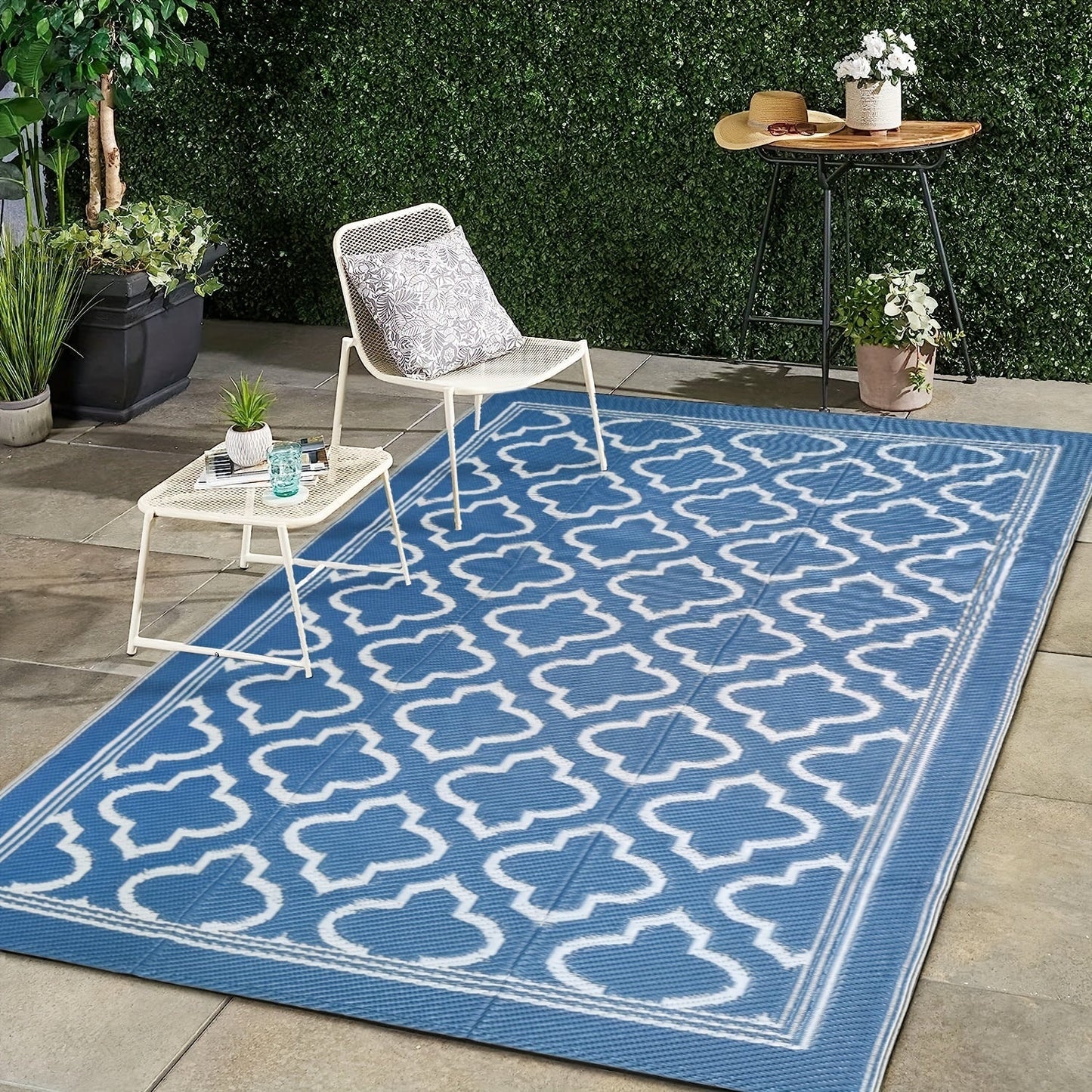 Blue and White Reversible Outdoor Mat with Geometric Pattern and Two Rectangular Size Options