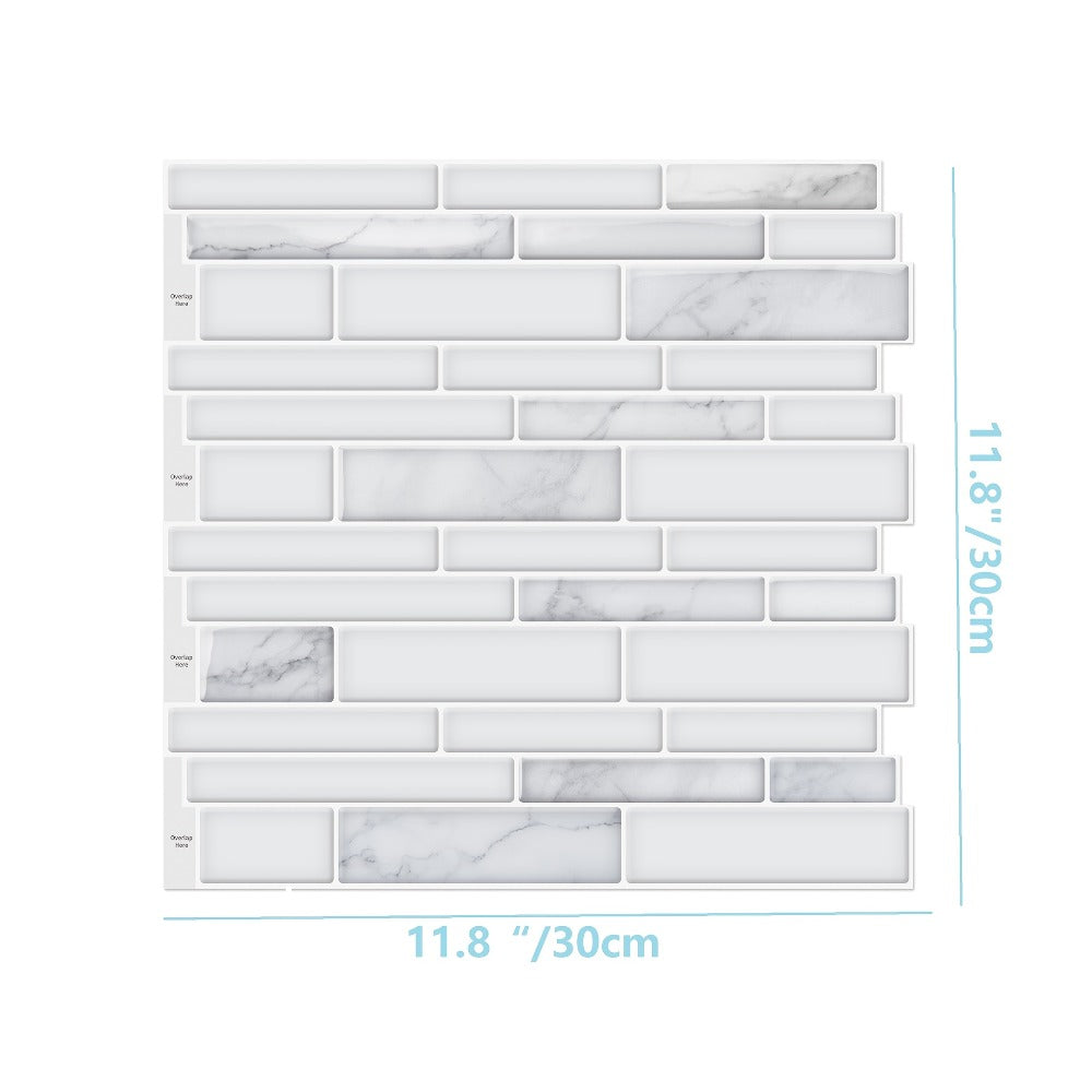 Ten-Sheet White Marble Subway-Pattern Peel-and-Stick Backsplash Wall Tile Set with 30 x 18 cm Panels