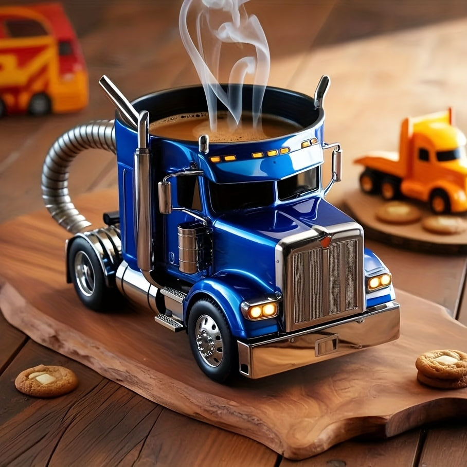 Semi-Truck-Shaped Coffee Mug with Metal-Look Interior and Trim in Blue or Black Color Options