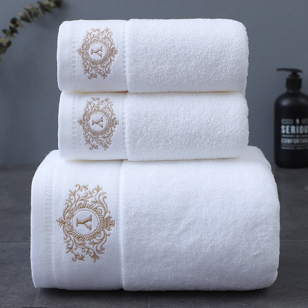 Three-Piece Towel Set with Two Hand Towels and One Bath Towel in Four Embroidered Color Options