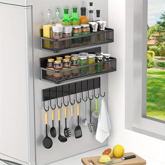 Magnetic Refrigerator Shelf Kitchen Organizer 4-Piece Set with Hooks for Metal Appliance Surfaces