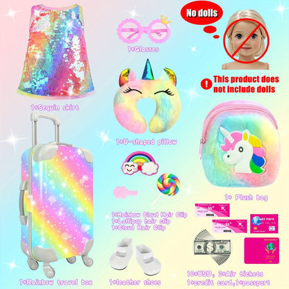 Twenty-Four-Piece Travel Accessory Set for 18-Inch Dolls with Rainbow Suitcase, Sequin Dress and Shoes