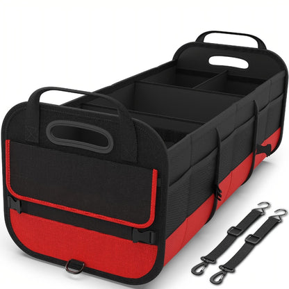 Car Trunk Organizer, 95L Foldable 4-Compartment Bin with Two Retractable Straps and Divider Set