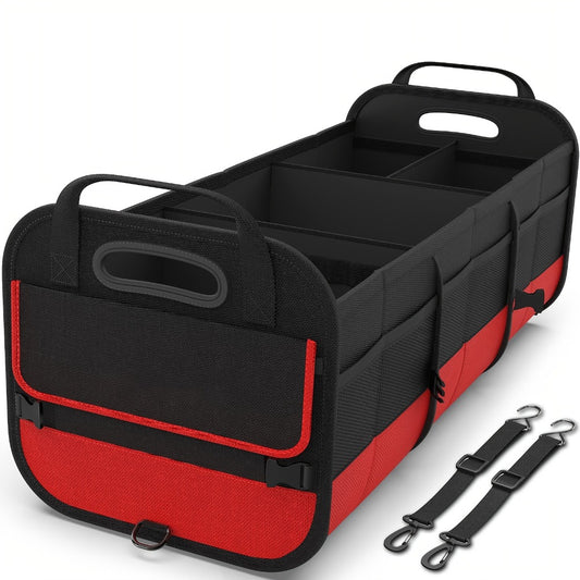 Foldable Car Trunk Organizer 95L – 4-Compartment Storage Box with 2 Retractable Straps, Collapsible Cargo Bin for SUV Truck Minivan – Travel Camping Shopping