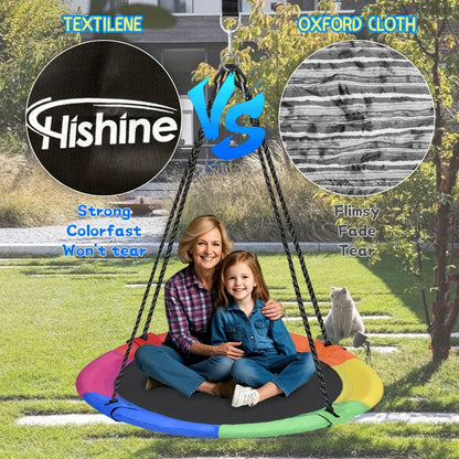 43 Inch Saucer Swing for Kids Outdoor, 360° Spinning Nest Swing with Swivel, Adjustable Ropes & Hanging Straps for Tree or Swing Set