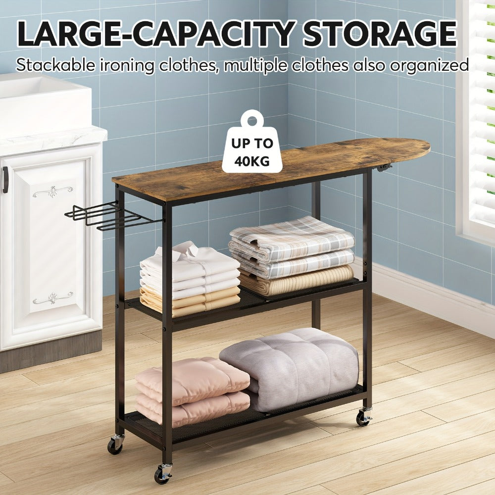 3-Tier Ironing Board Cart with Wheels – Rolling Laundry Station with Multi-Layer Storage Shelves for Living Room, Bedroom & Outdoor Use