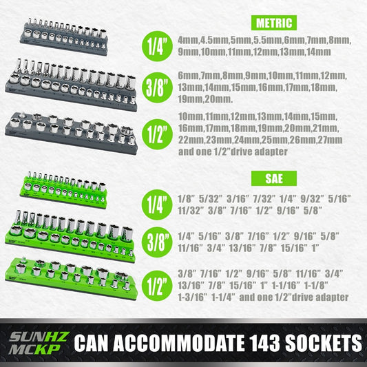 Magnetic Socket Organizer Set 6-Piece – Socket Holder Rails for 1/4", 3/8" & 1/2" Drive, Metric & SAE, Holds 143 Standard & Deep Sockets, Chrome Vanadium Steel, Fits Tool Box Drawer