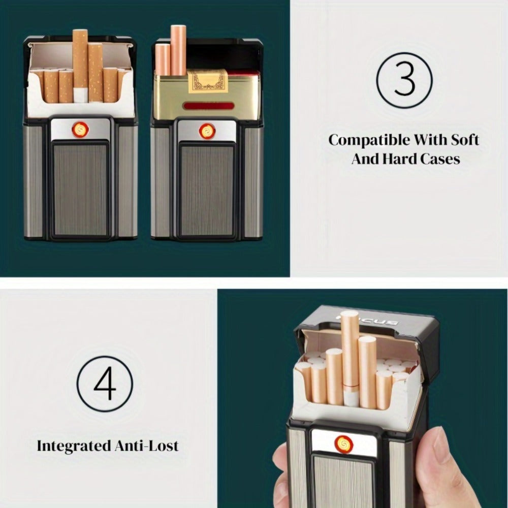 Black Pop-Up Cigarette Case with Integrated USB-Rechargeable Electric Lighter and Sliding Cover