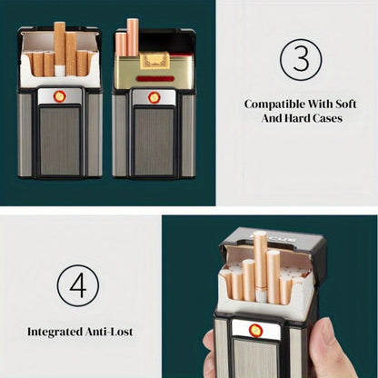 Black Pop-Up Cigarette Case with Integrated USB-Rechargeable Electric Lighter and Sliding Cover