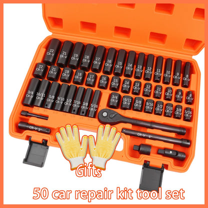 Fifty or Fifty-Three Piece Auto and Bicycle Repair Tool Set with Ratchet, Sockets and Orange Case