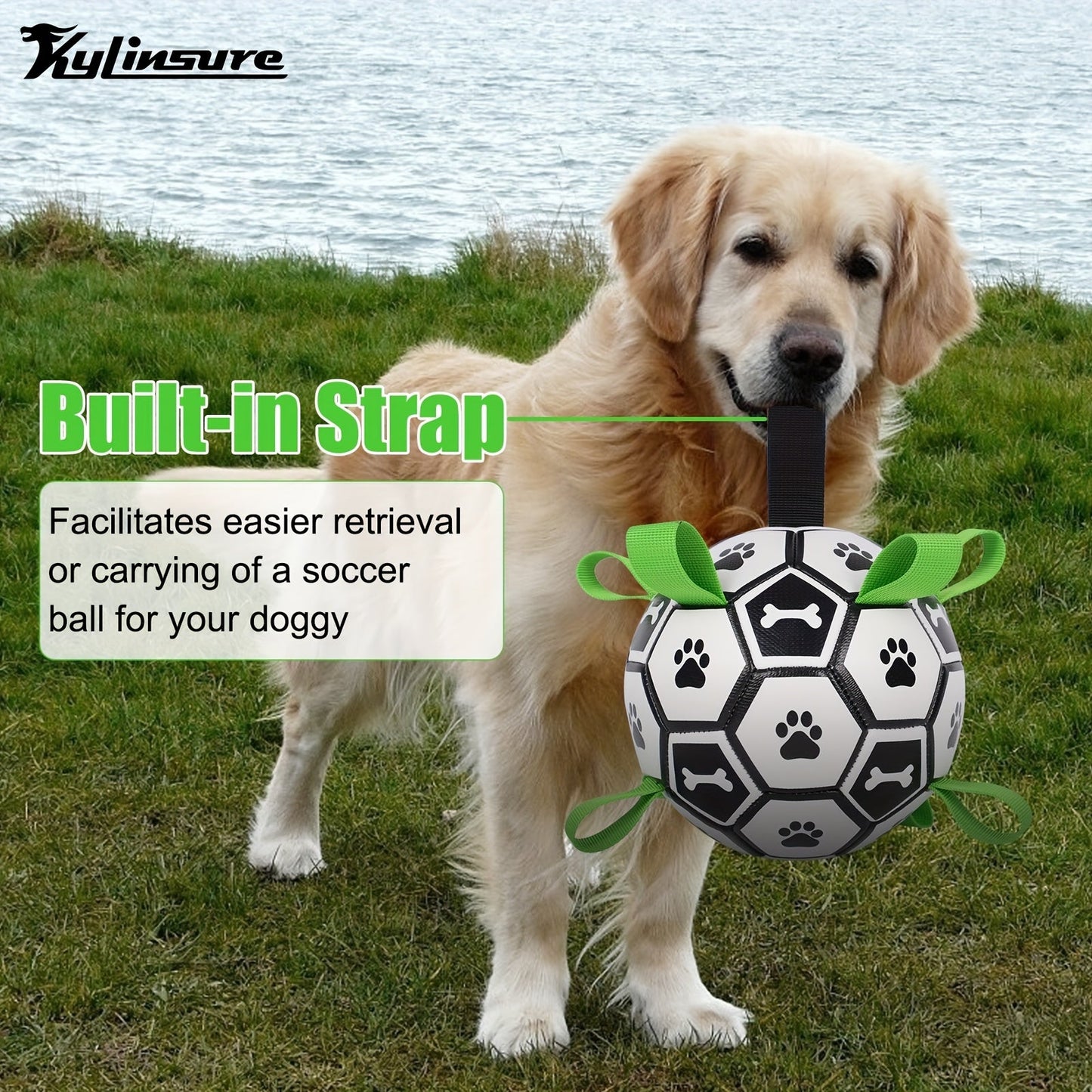 Dog Toy Soccer Ball with Grip Straps in 6 or 7.25-Inch Sizes for Tug, Fetch and Water Play