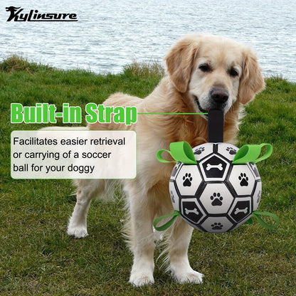 Dog Toy Soccer Ball with Grip Straps in 6 or 7.25-Inch Sizes for Tug, Fetch and Water Play