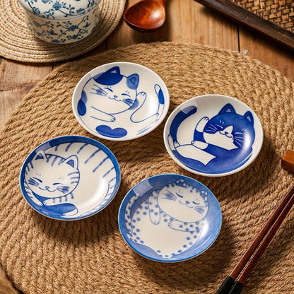 Ceramic Dipping Bowls Set of 8 Cat Shaped Mini Soy Sauce Dishes 4 Inch Small Condiment Bowls for Home Cooking, Dining and Outdoor Meals