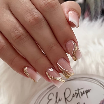 Press On Nails 216-Piece Soft Gel Short Square Set with French, Gradient, Glitter and Heart Designs