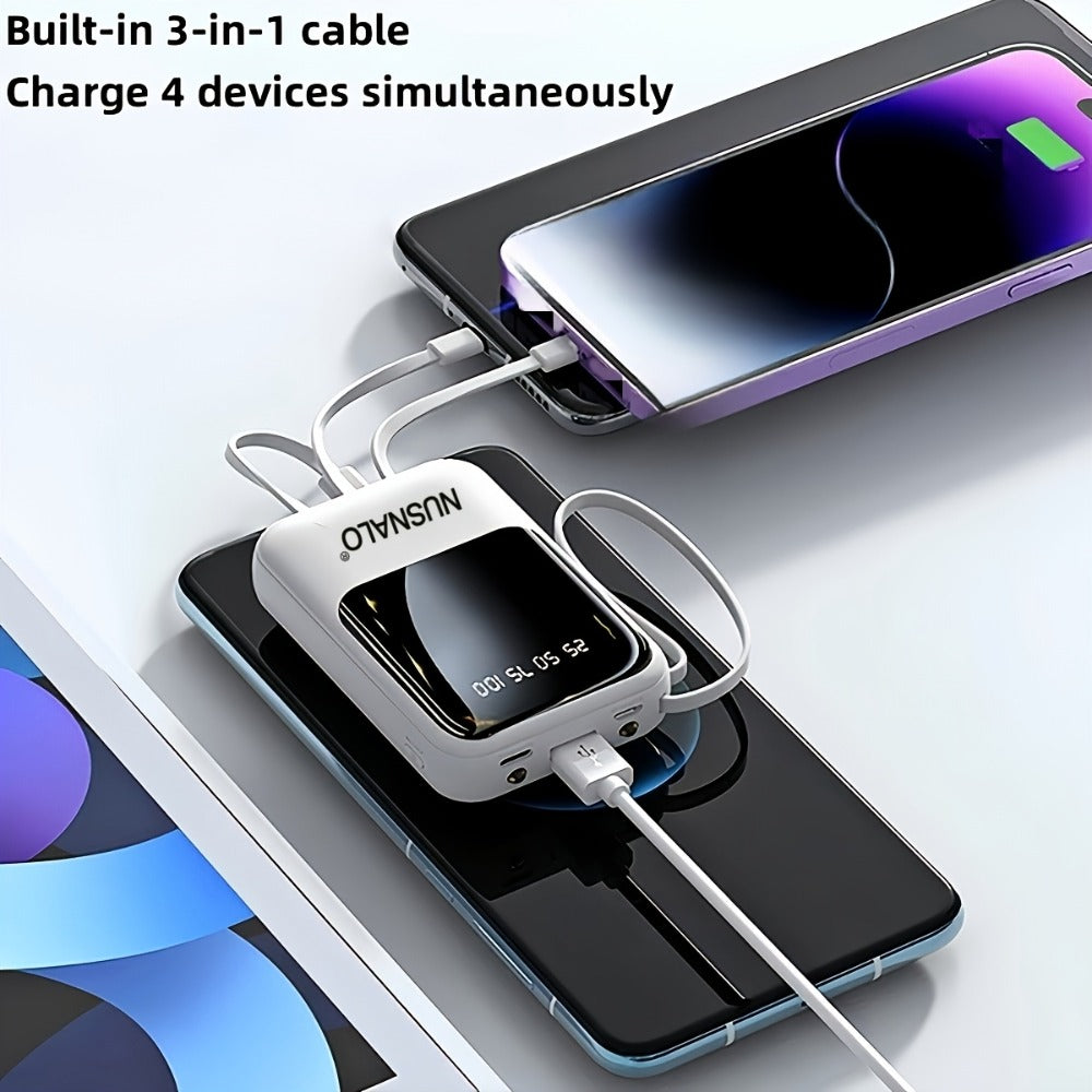 Power Bank 10000mAh Mini with Built-In Cable Set, 5W/15W/22.5W Options, Display and LED Light