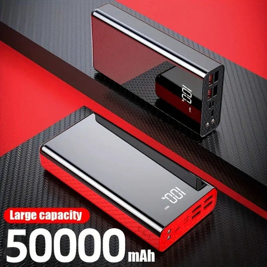 50000mAh High Capacity Power Bank Portable Charger LED Display USB-C Micro USB Fast Charging Multi-Port Emergency Backup Battery for iPhone Android Camping Outdoor Travel Black Red