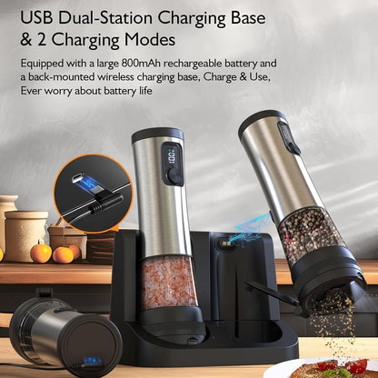 Electric Salt and Pepper Grinder Set Rechargeable USB Large Capacity with Base Automatic Adjustable Coarseness LED Display Kitchen Gift Silver Black