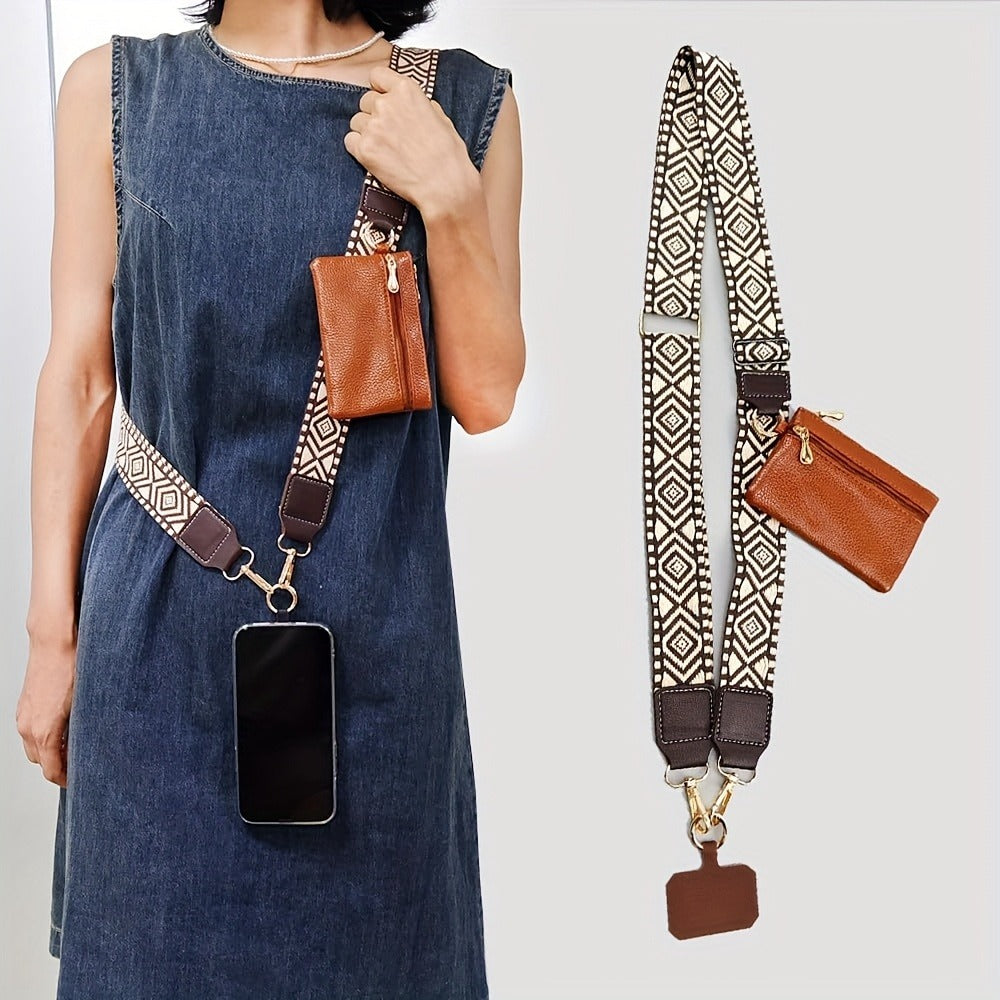 Phone Lanyard Crossbody Strap with Zipper Pouch, Beaded Charm and Five Exact Printed or Solid Styles