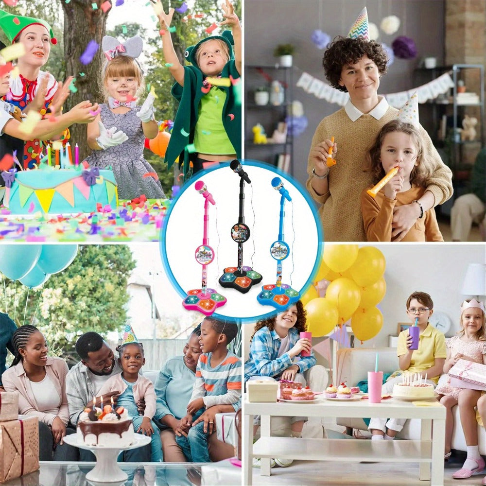 Kids Karaoke Microphone with Stand & Amplifier – Singing Toy for Girls Boys Age 3+, Random Print Design, Birthday Gift, Blue / Black / Pink