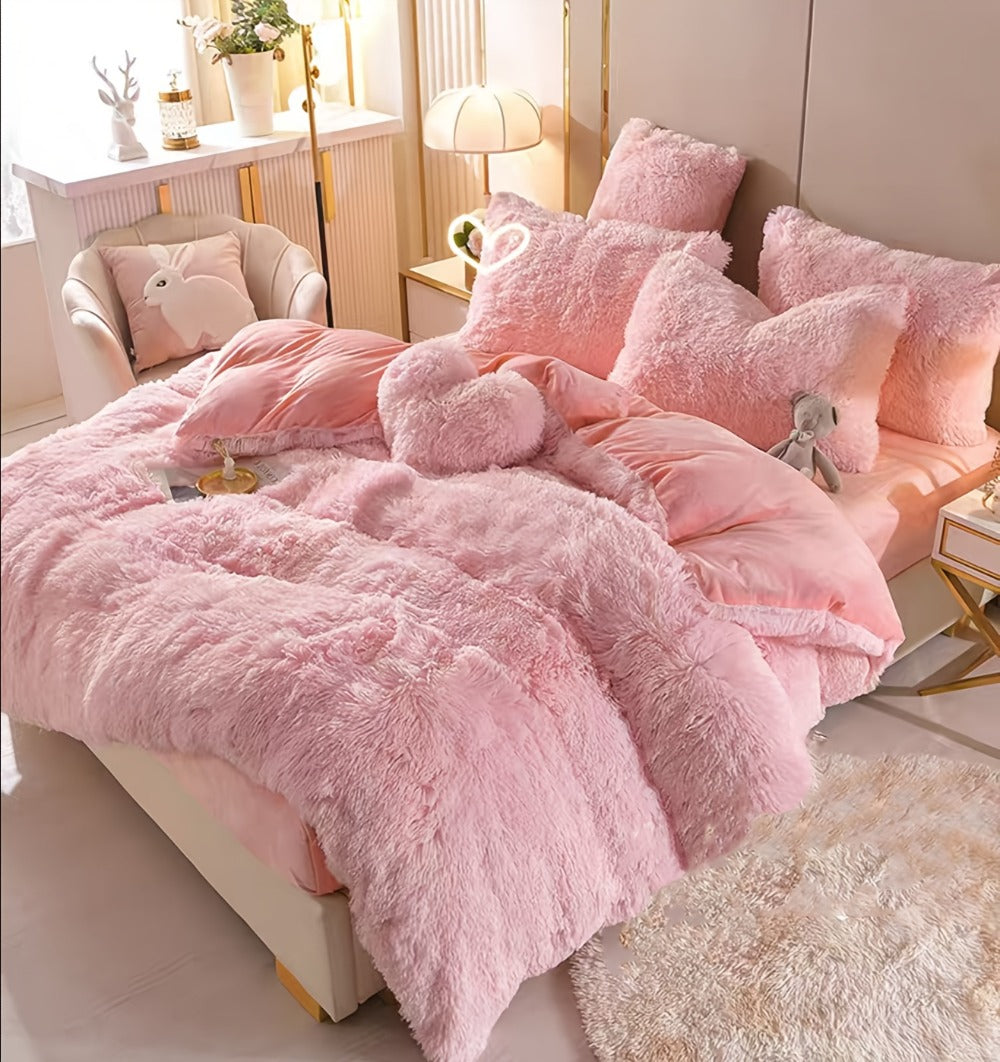Plush Four-Piece Duvet Cover Set with Bed Sheet, Two Pillowcases, Queen or King Size and Eight Colors