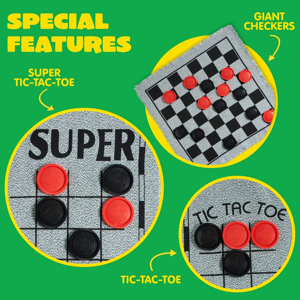 Three-in-One Giant Checkers and Tic-Tac-Toe Game with Reversible 25.5-Inch Mat and 24 Chips