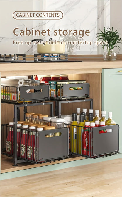 Two-Tier Under-Sink Cabinet Organizer with Sliding Metal Baskets in One- or Two-Piece Options