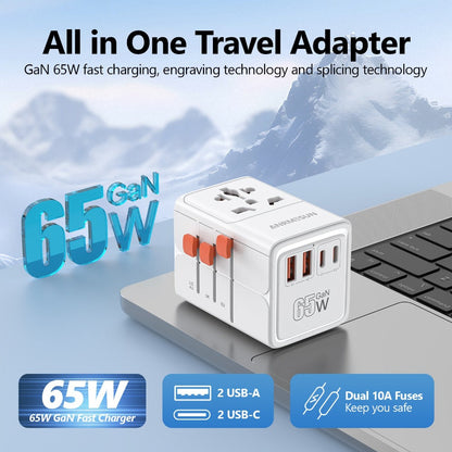 65W Universal Travel Adapter with 4 USB Ports - 2 USB-C & 2 USB-A Fast Charging, US EU UK AU Plugs, 100-240V Input, Overload & Short Circuit Protection, 200+ Countries, White & Black