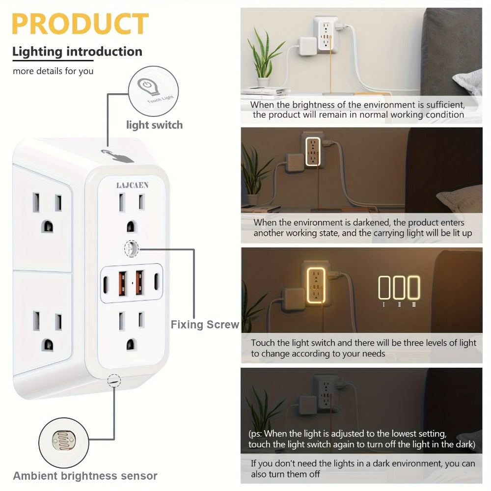 3-Sided Wall Outlet Extender 10-in-1 with 6 AC Outlets & 4 USB Ports (2 USB-A & 2 USB-C), 1050J Surge Protector Multi-Plug Adapter for Home, Travel, Office & College