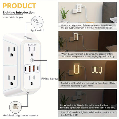 3-Sided Wall Outlet Extender 10-in-1 with 6 AC Outlets & 4 USB Ports (2 USB-A & 2 USB-C), 1050J Surge Protector Multi-Plug Adapter for Home, Travel, Office & College