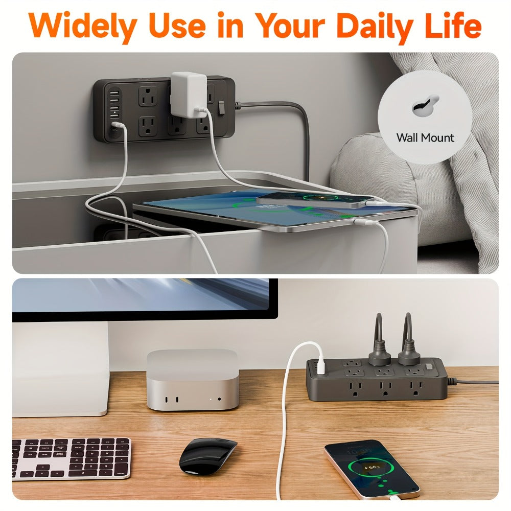Power Strip Flat Plug 18-in-1 Surge Protector with 12 AC Outlets, 4 USB-A, 2 USB-C and 5- or 10-Foot Cord