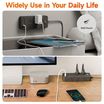 Power Strip Flat Plug 18-in-1 Surge Protector with 12 AC Outlets, 4 USB-A, 2 USB-C and 5- or 10-Foot Cord