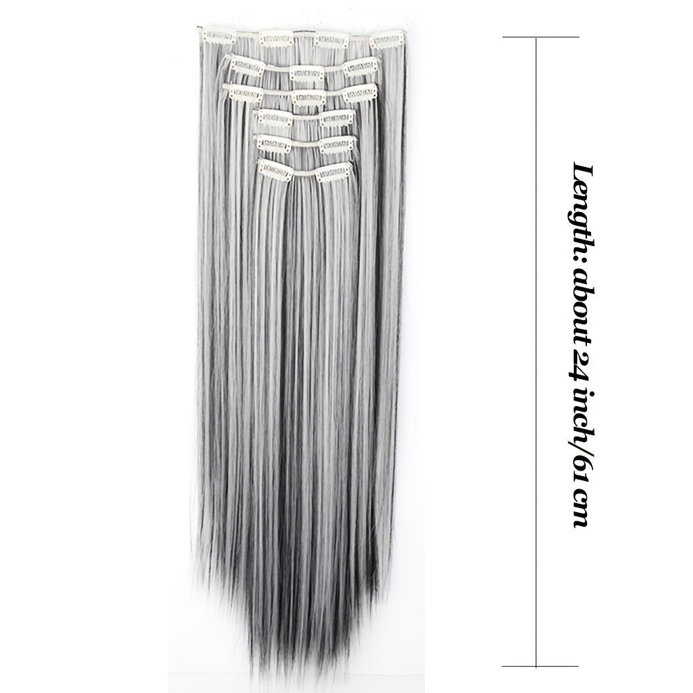 Hair Extensions Straight 24-Inch Synthetic Clip-In Set with Six Wefts in Black or Space Gray