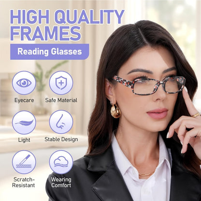 Reading Glasses 5-Pack Square Multicolor Printed Frames with HD Lens Label & 1.0x to 4.0x Options