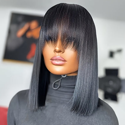 Straight Bob Human Hair Wig with Full Bangs, 250% Density, Rose Net Cap and 10-18 Inch Lengths
