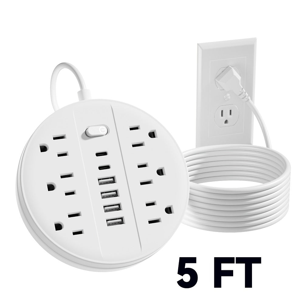 Wall Mount Power Strip Surge Protector 12-in-1 with 6 AC Outlets 4 USB-A 2 USB-C Ports Portable Compact Multi-Outlet Charging Station Wall-Mountable Extension for Home Office School – Black & White
