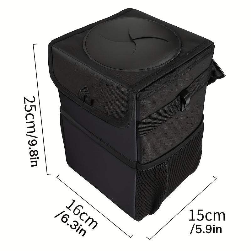 Collapsible Hanging Car Trash Bag with Lid, Side Storage Pockets, Black Finish and 25 × 16 × 15 cm Size