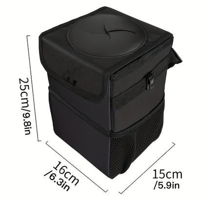 Collapsible Hanging Car Trash Bag with Lid, Side Storage Pockets, Black Finish and 25 × 16 × 15 cm Size
