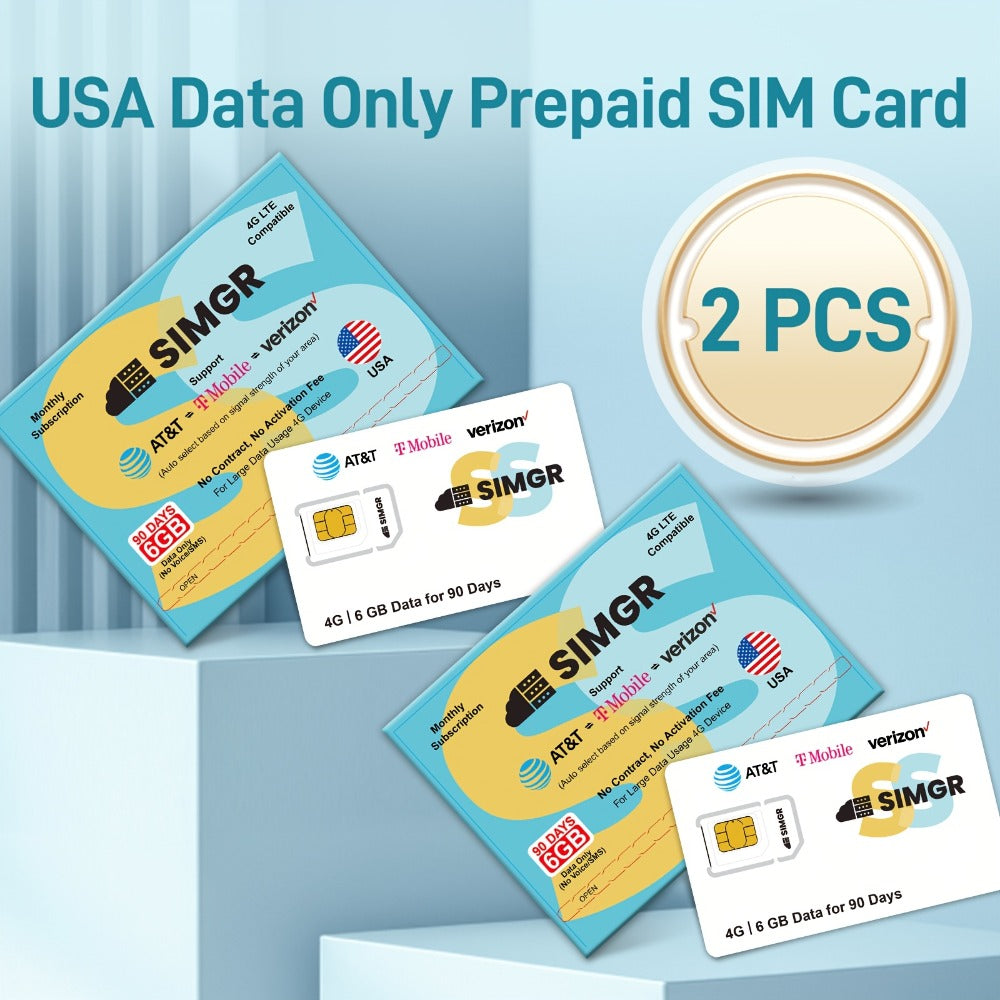 Triple Network SIM Card USA 4G LTE SIMGR AT&T T-Mobile & Verizon Auto-Select – 6GB 90 Days No Contract Data Only for Security Cameras Hotspots GPS Trackers IoT Smartwatches, 1/2/4 Pack