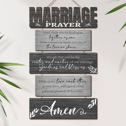 Six-Panel Marriage Prayer Wall Sign Set with Rope Hangers and Rustic Gray Printed Plaque Design
