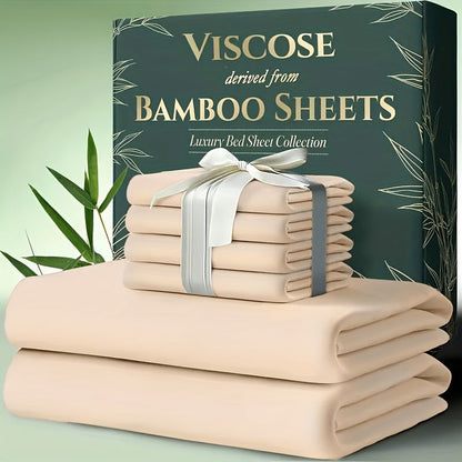 Bed Sheet Set 6-Piece Bamboo Fabric with 40–44 cm Pocket, Double-Stitched Edges and Seven Colors